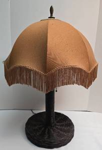 lot 322 image: Vintage Wicker Lamp with Silk Fringed Shade