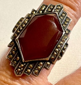 lot 168 image: Vintage Sterling Art Deco Marcasite and Carnelian Ring