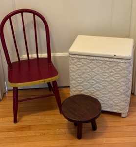 lot 493 image: Vintage Childrens Hamper, Wooden Chair & Stool