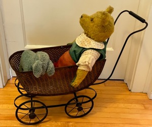 lot 123B image: Vintage Childrens Doll Stroller, Antique Jointed Teddy Bear and Toy Stuffed Dog