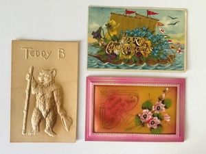 lot 469 image: Vintage Teddy B Embossed Postcard, Vintage Hand Painted Postcard and Metal Embellished Post Card