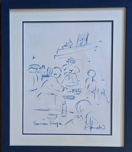 lot 426 image: Unusual Blue on White Framed Drawing, Service Crepe