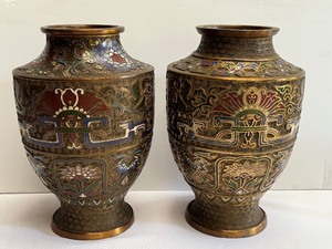 lot 122 image: Pair of Champleve Bronze Japanese Vintage Vases