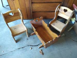 lot 65 image: Wooden Cradle & (2) Wooden Kids Chairs
