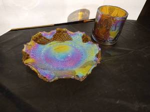 lot 66 image: (2) Orange Carnival Glass Pieces - Plate & Vase