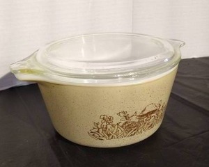lot 71 image: Vintage Pyrex Forest Fancies Mushroom Casserole Dish With Lid