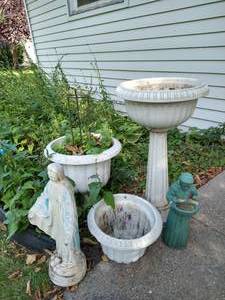 lot 96 image: Yard Decor Lot - Yard Figures, Bird Bath, Etc