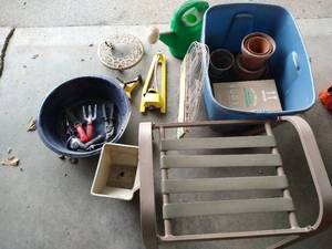 lot 148 image: Garden Lot - Bench, Pots, Tools, Etc