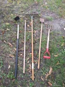 lot 165 image: (5) Long-Handled Yard Tools - Thatch Rake, Hoe, Etc