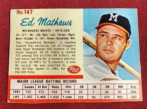 lot 236 image: 1962 Post Cereal Eddie Mathews