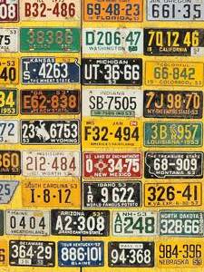 Assorted Mini State License Plates Mounted on a Wooden Backboard