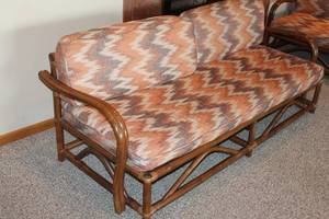 lot 23 image: Vintage Bamboo Sofa with Zigzag Pattern Upholstery