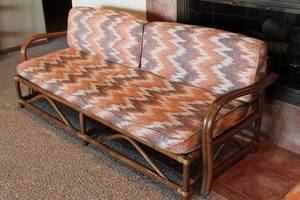 lot 24 image: Vintage Bamboo Frame Sofa with Patterned Cushions