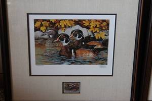 lot 40 image: Framed Wildlife Artwork with Stamp Set - Lot of 3