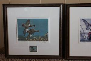 lot 49 image: Pair of Framed Duck Stamp Prints with Stamps by James A. Meger and Richard W. Plasschaert