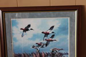 lot 57 image: Framed Waterfowl Artwork Late Comers by David Maass with Stamps