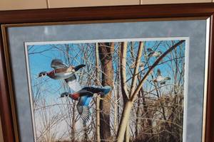 lot 58 image: Framed Duck Artwork Tight Quarters by David Maass with Vintage Duck Stamps