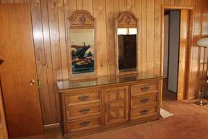 lot 114 image: Vintage Wooden Dresser with Dual Mirrors
