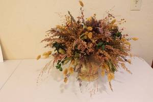 lot 260 image: Lot of Decorative Floral Arrangement, Candle Snuffer, and Vintage Building Print