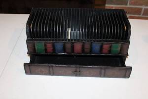 lot 289 image: Vintage Book Style File Organizer with Office Accessories and Wooden Apple Decorations