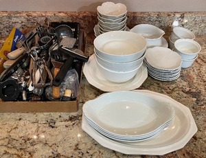 lot 20 image: LOT - Kitchen Utensils and White Dishes