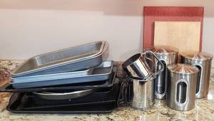 lot 55 image: Three Canisters and Baking Pan Lot