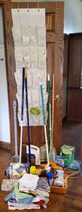 lot 19 image: Large Cleaning Related LOT - Broom, Towels, Floor Cleaner
