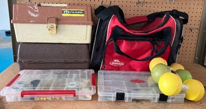 lot 41 image: Fishing Gear LOT - Berkley Bag, Two Tackle Boxs, Rapala Lures, 2 Plastic Organizers, 3 Weights