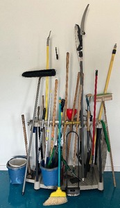 lot 43 image: Garden Tools LOT - Pole Saw, Rubbermaid Storage Rack