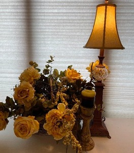 lot 78 image: Metal and Glass Lamp with Faux Yellow Rose