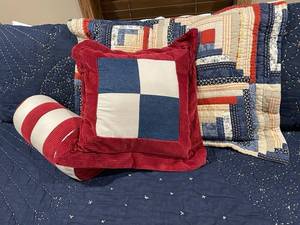 lot 188 image: King Size Navy Blue and Red Bedding Lot Comforter Pillows Sheets