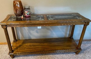 lot 170 image: Stained Glass Top Sofa Table and Decor