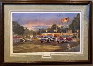 lot 106 image: Sunset Strip Corvette vs. Thunderbird by Dave Barnhouse Artwork