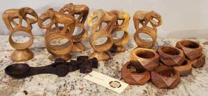 lot 184 image: Celtic Wood Spoon and Carved Wood Napkins Rings Elephants