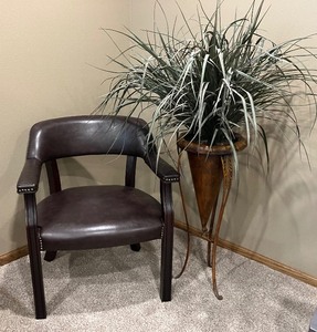 lot 167 image: Small Leather Side Chair and Faux Plant and Stand