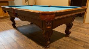 lot 239 image: Olhausen Ornate Pool Table with Pool Cue, Billiard Balls and Rack