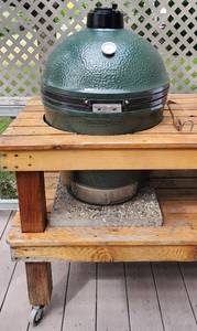 lot 241 image: Big Green Egg 18.25 Grill with Rolling Acacia Wood Table