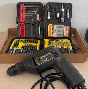 lot 34 image: LOT Black & Decker 38 Drill, Drill Bits, Drivers, Irwin, Craftsman