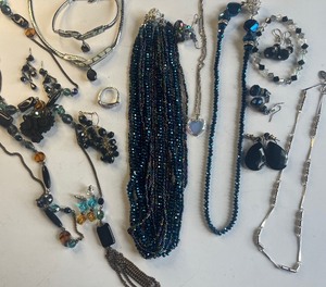 lot 217 image: Sterling Silver Fire Opal Inlay and Gemstone Necklace, Bracelet Ring and Mermaid Crystals Costume Jewelry Lot