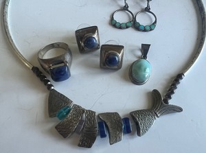 lot 232 image: Sterling 925 Ring, Earrings and Slide and Silver and Seaglass Fish Necklace