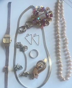 lot 219 image: Vintage Jewelry Lot Aurora Borealis Brooch, Benrus Ladies Watch Made in Italy 925 Chain