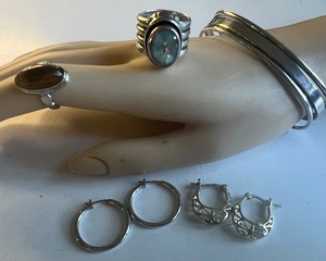 lot 220 image: Sterling Silver 925 Cuff Bracelet and Rings