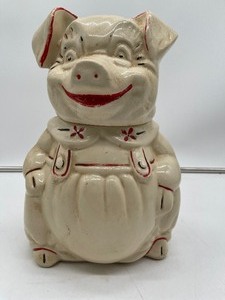 lot 5 image: Vintage 1940s American Bisque Co. Ceramic Pig in Overalls Cookie Jar
