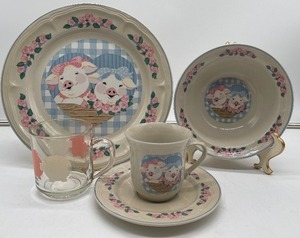 lot 73 image: 32-Piece Tienshan Pig Stoneware LOT - Dishes, Cups, Bowls, Saucers