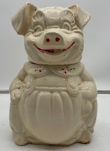 lot 48 image: Vintage 1940s American Bisque Pig in Overalls Cookie Jar