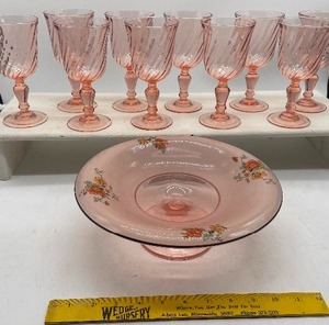 lot 19 image: Pink Stemware and Pink Glass Painted Cake Plate