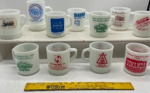 lot 20 image: Lot of Hazel Atlas, Fire King, Anchor Hocking Milk Glass Advertising Mugs