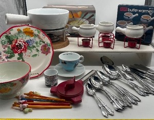 lot 25 image: Fondue Party Lot with Flatware and Pioneer Woman Plate and Bowl and Swizzle Sticks