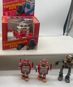 lot 30 image: Vintage Robot Toy Lot and Ornaments Powerhouse Pete, Hallmark, Fugitoid Robot 1990