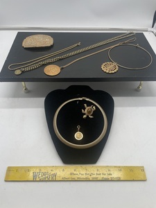 lot 42 image: Gold Coin Necklace and Charm, Belt Buckle, Vintage Turtle Brooch with Tigers Eye